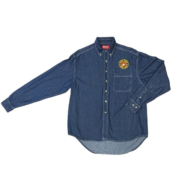 Vintage Long Sleeve Denim Jean Marine Corps Military Patch Shirt - Picture 2 of 10